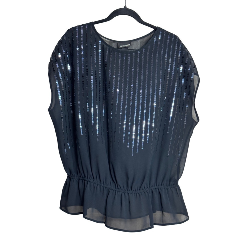 Lane Bryant Black Sequin Embellished Peplum Blouse Top Women 14 16